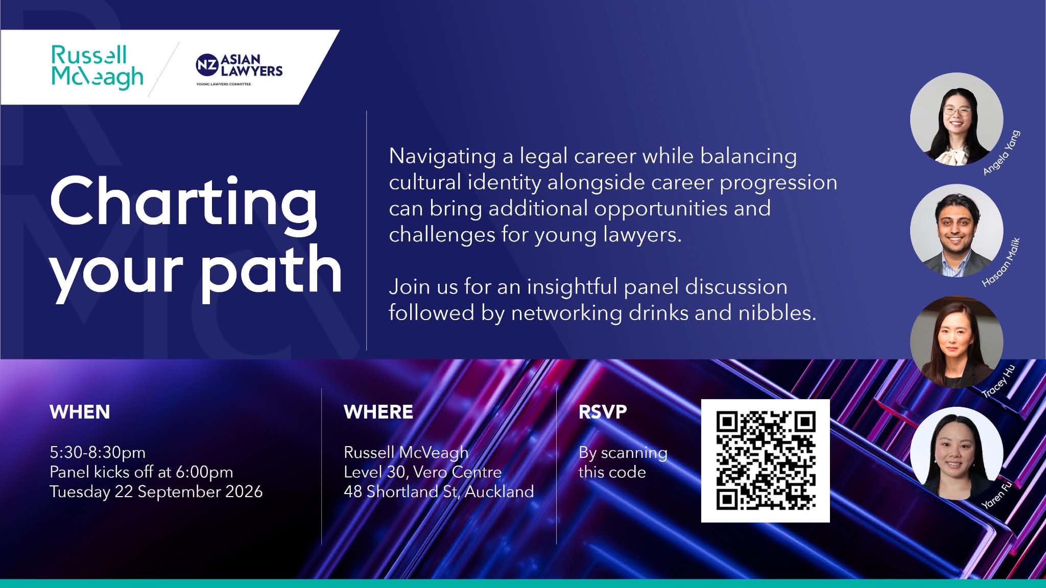 Charting Your Path panel flyer, New Zealand Asian Lawyers and Russell McVeagh