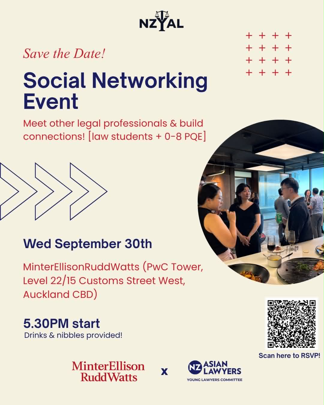NZYAL Social Networking Event poster, with MinterEllisonRuddWatts, Wednesday 30 September